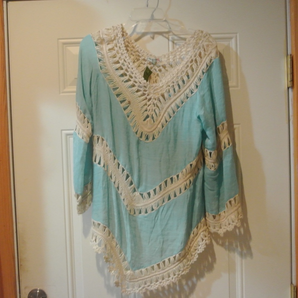 Womens blue and white long sleeve shirt with crochet detail